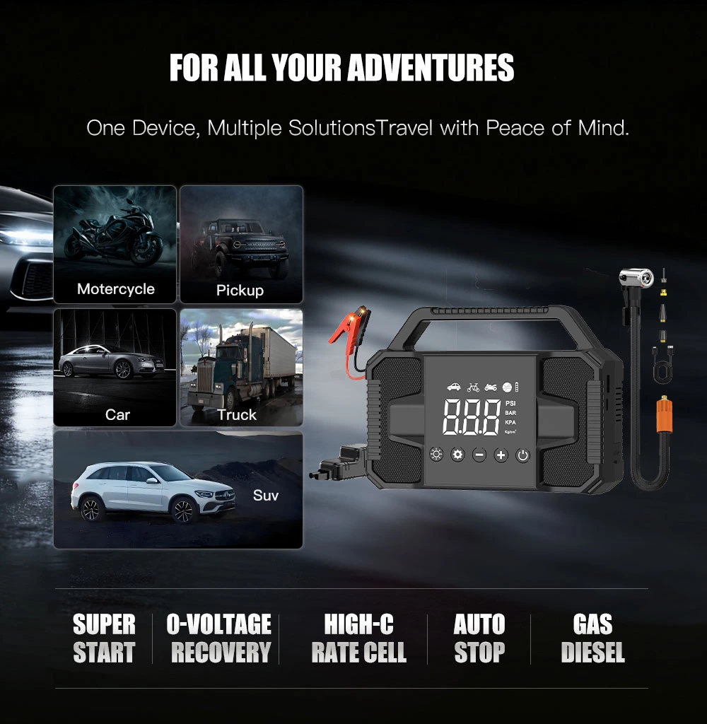 1200A Peak Current Truck Motorcycle Jump Starter Inflator Air Pump 8000mAh 60C Lithium Polymer Battery 12-24V