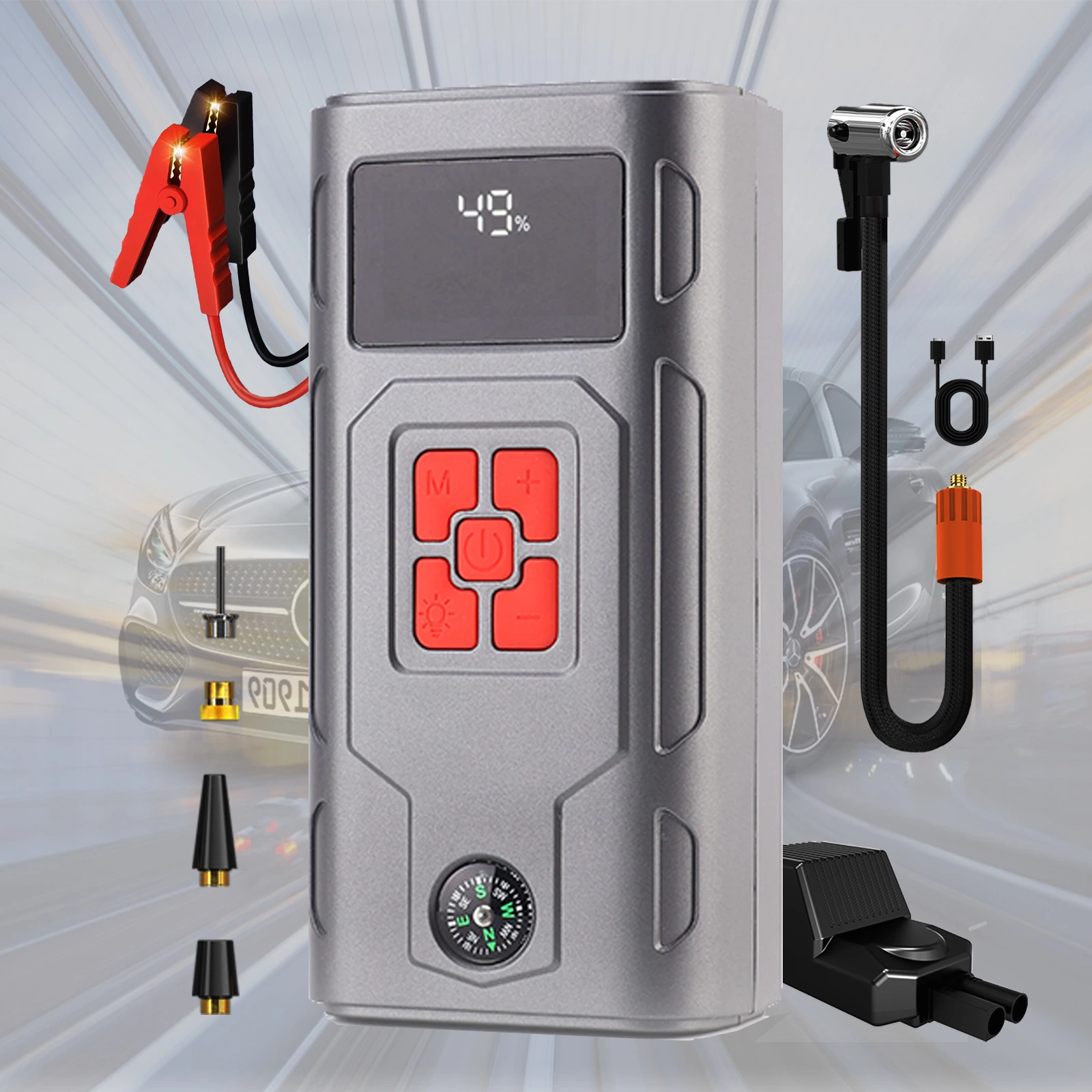 800A-2000A Lithium Polymer Jump Starter 150PSI Air Compressor 12V Motorcycle/Car Battery Booster 12000mAh Portable Tire Inflator