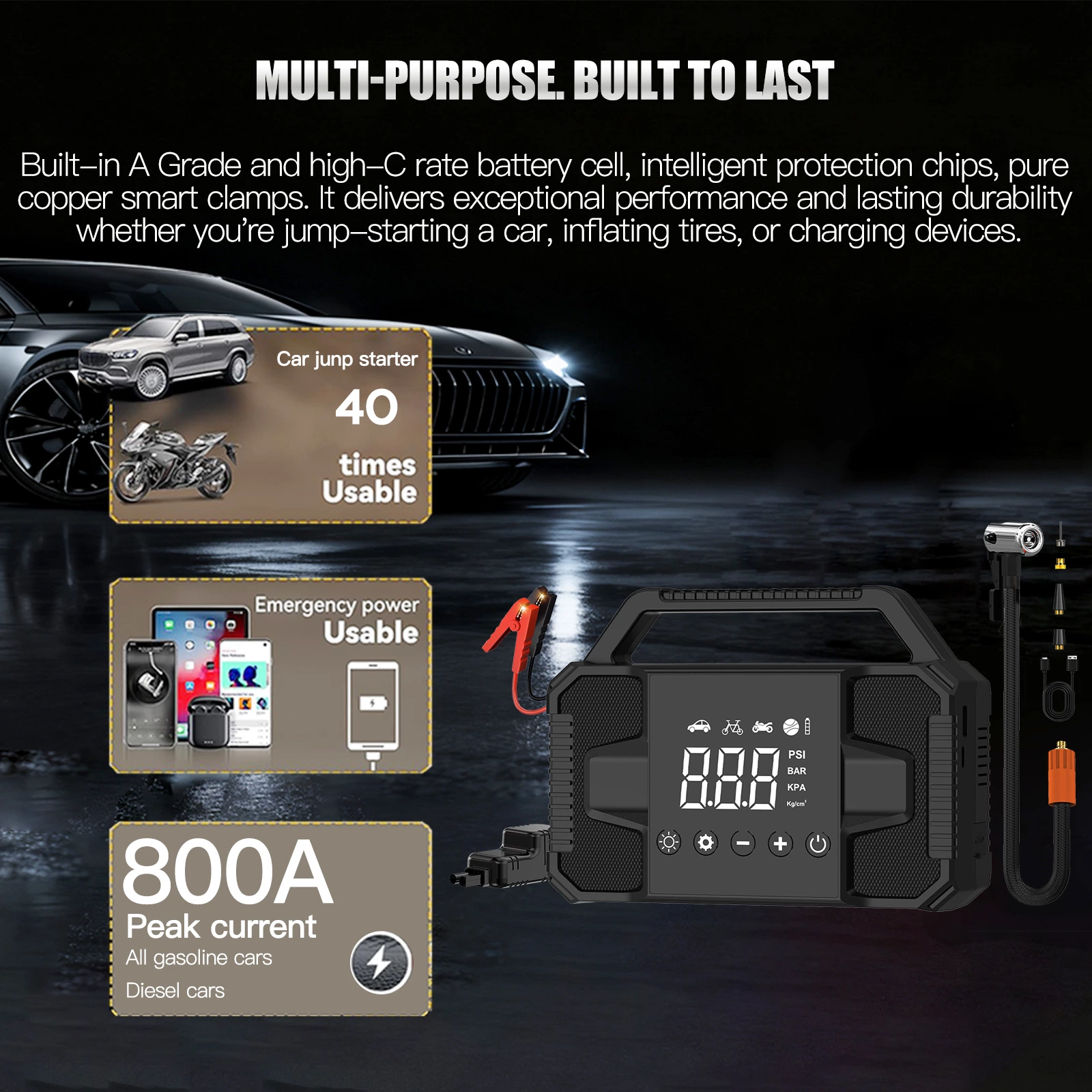 1200A Peak Current Truck Motorcycle Jump Starter Inflator Air Pump 8000mAh 60C Lithium Polymer Battery 12-24V